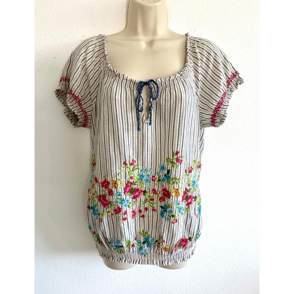 Johnny Was Embroidered Stripe Top S Puff Sleeve‎ Smocked J3 Workshop Boho Cotton